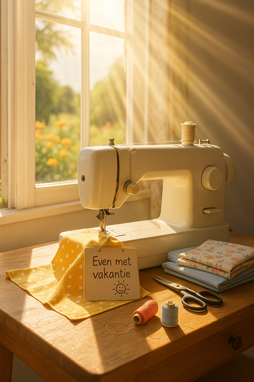 Naaimachine op een houten tafel in zonlicht bij een open raam, met een lapje gele stof en een bordje 'Even met vakantie', omringd door garens, schaar en opgevouwen stoffen – zomerse sfeer met zonnestralen en bloemen buiten.